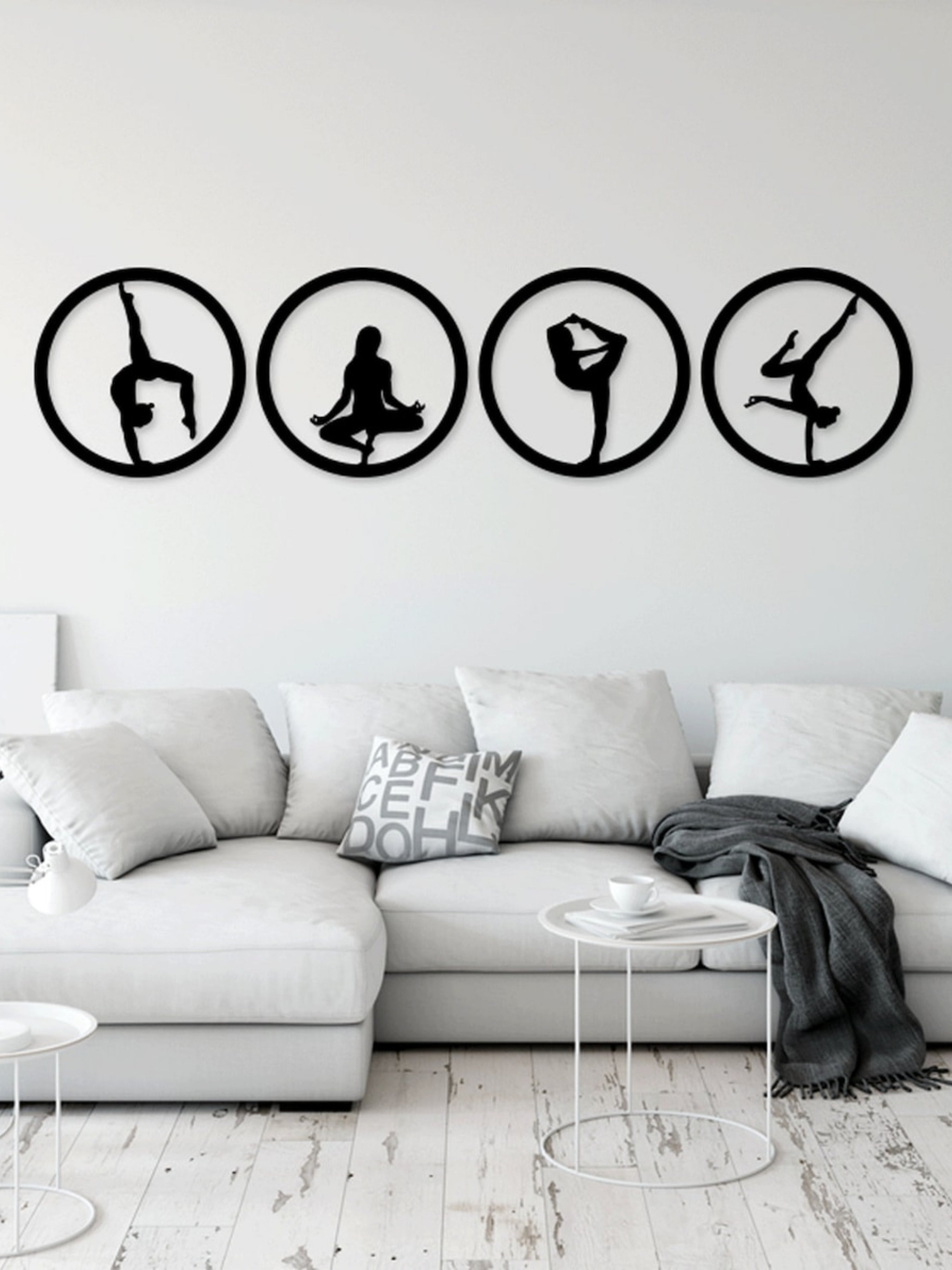 4'lü Yoga ve Jimnastik Pozları Daire Metal Dekor Tablo