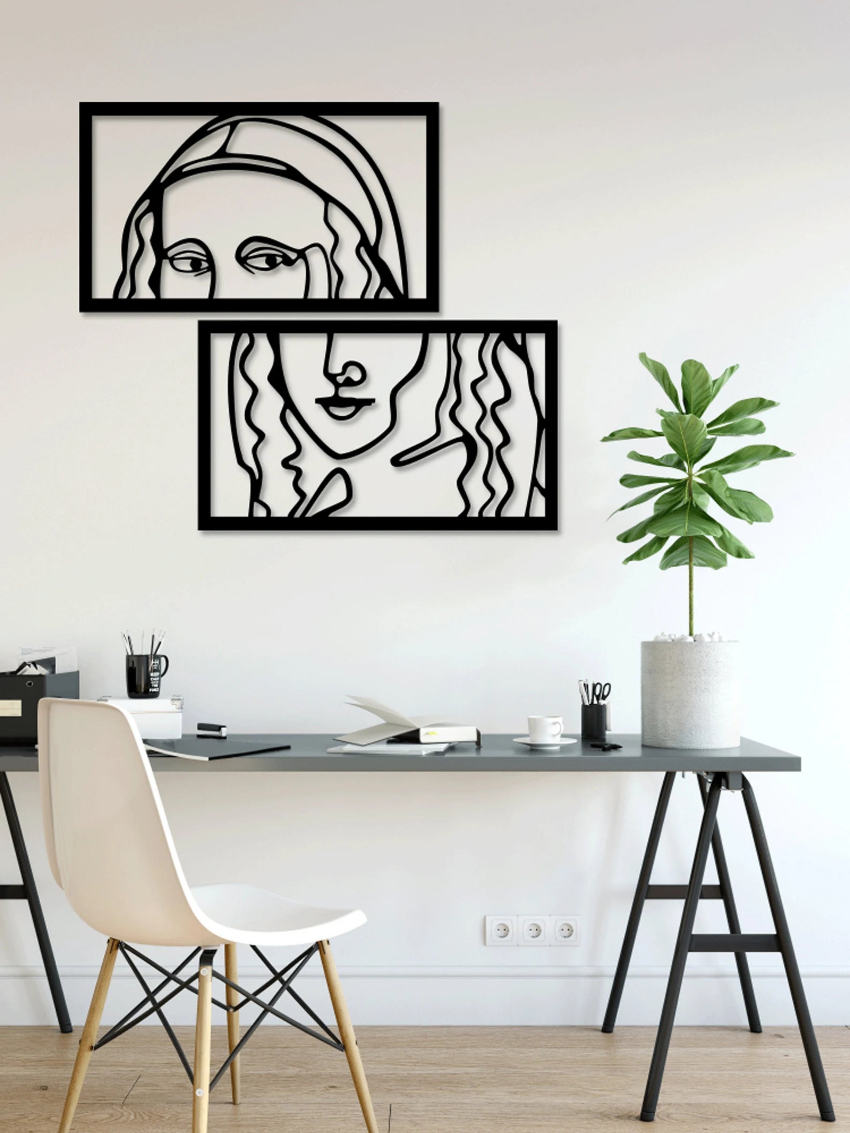 2'li Mona Lisa Continuous Line Art Metal Duvar Tablosu