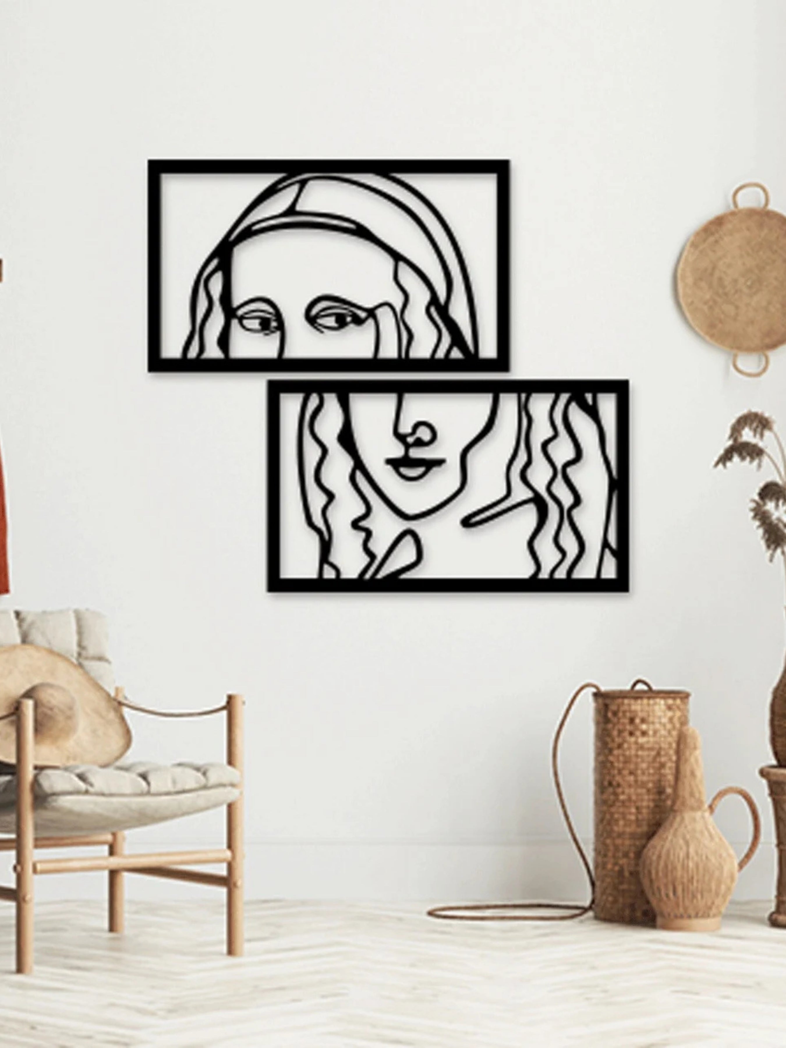 2'li Mona Lisa Continuous Line Art Metal Duvar Tablosu