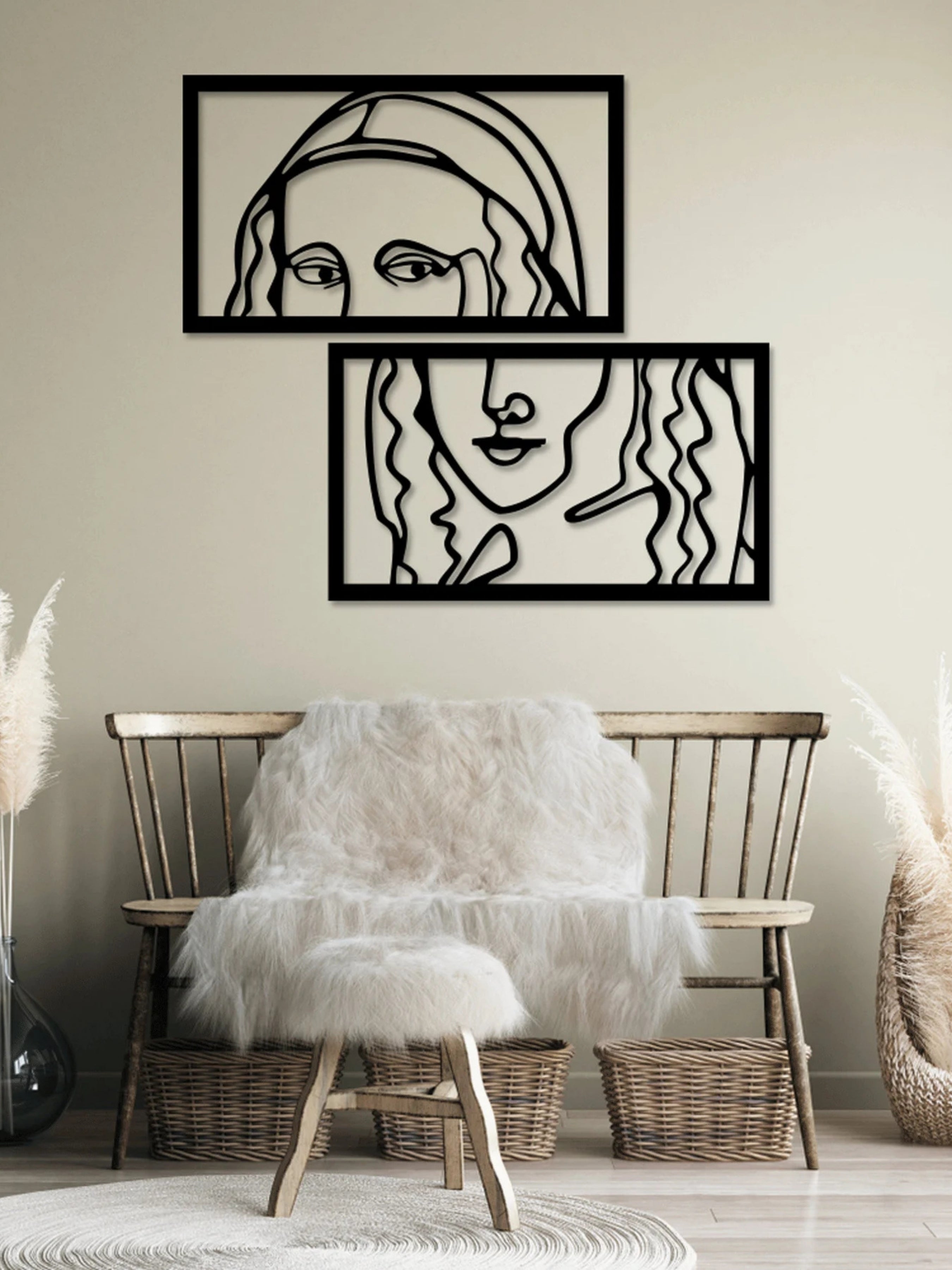 2'li Mona Lisa Continuous Line Art Metal Duvar Tablosu