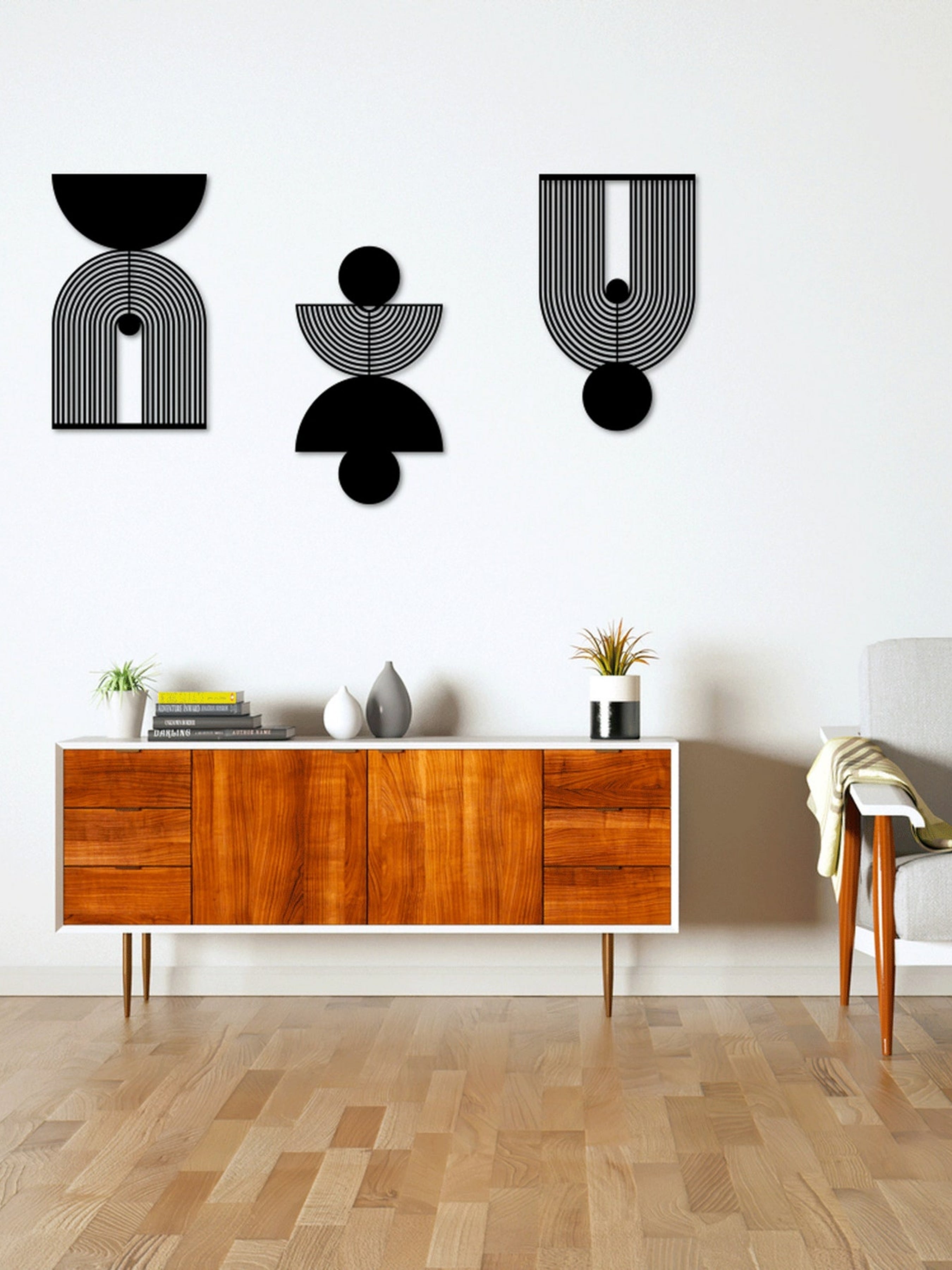 3'lü Soyut Geometrik Formlar Metal Duvar Tablosu