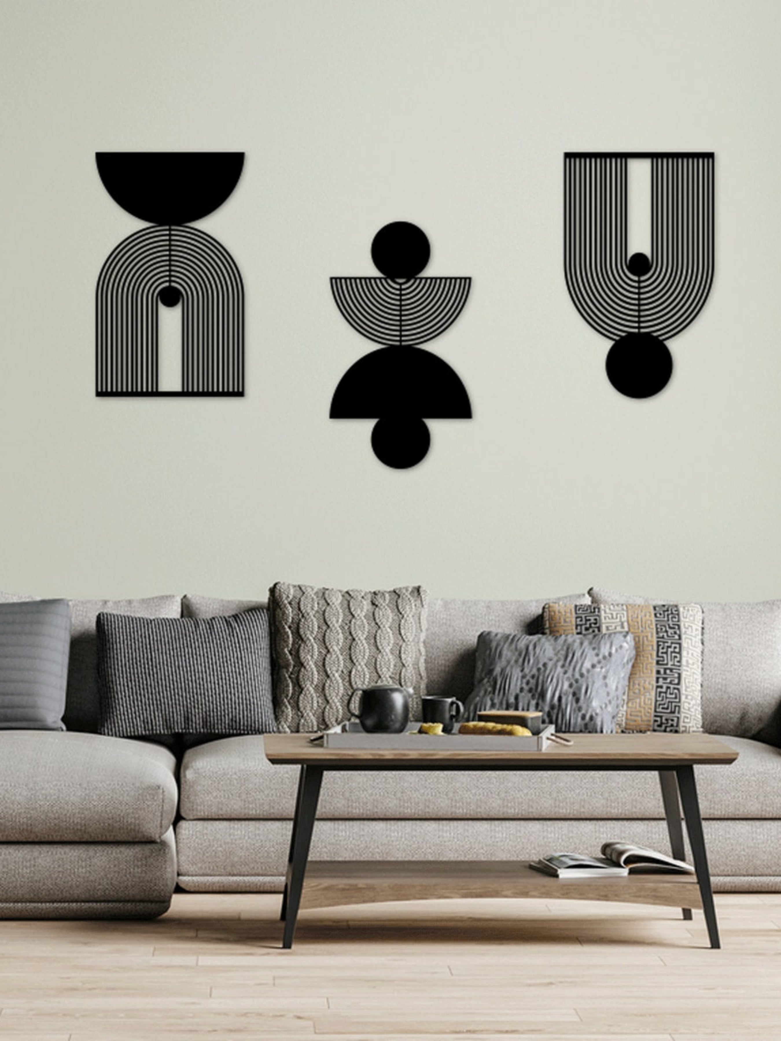 3'lü Soyut Geometrik Formlar Metal Duvar Tablosu