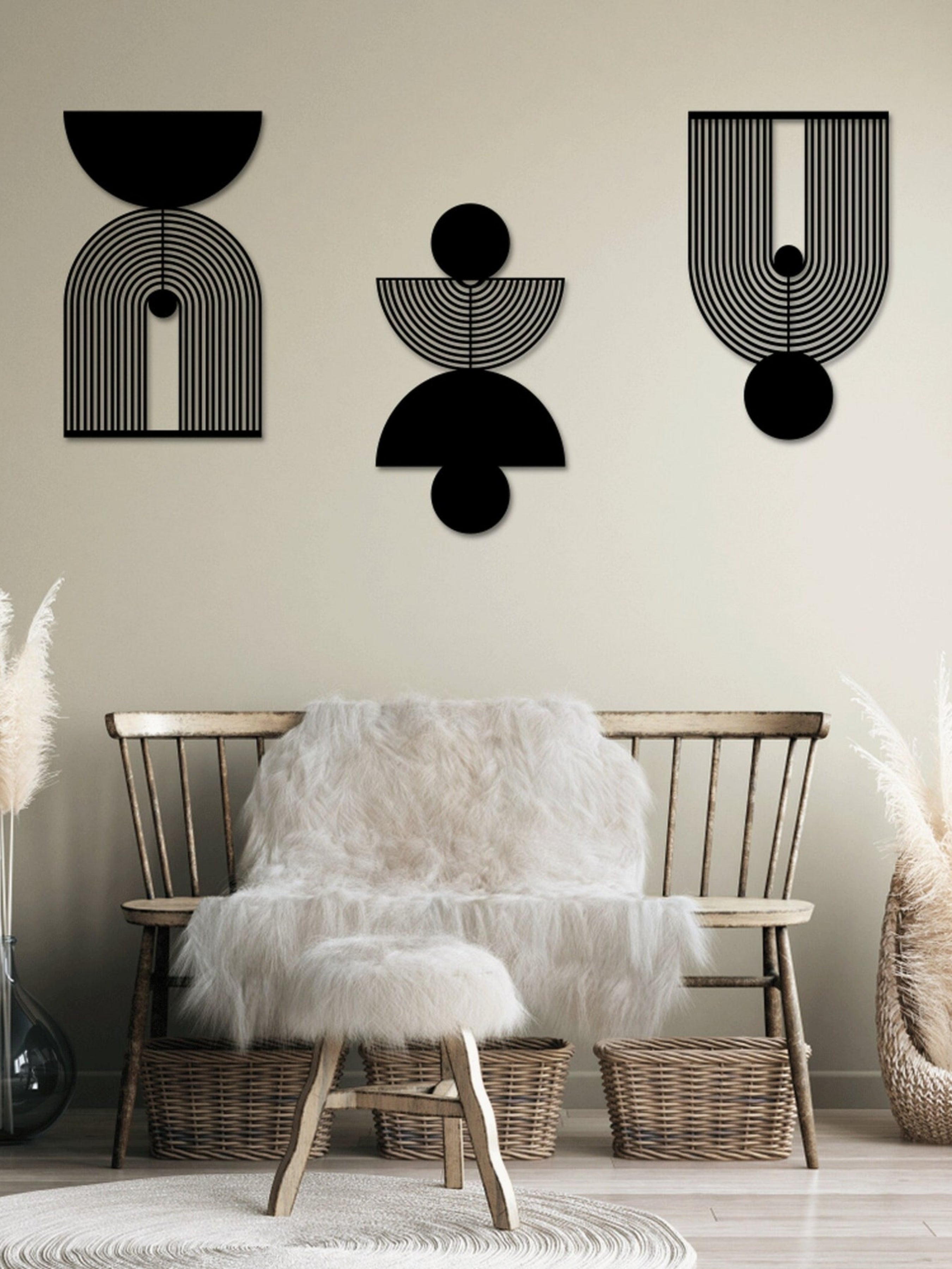 3'lü Soyut Geometrik Formlar Metal Duvar Tablosu