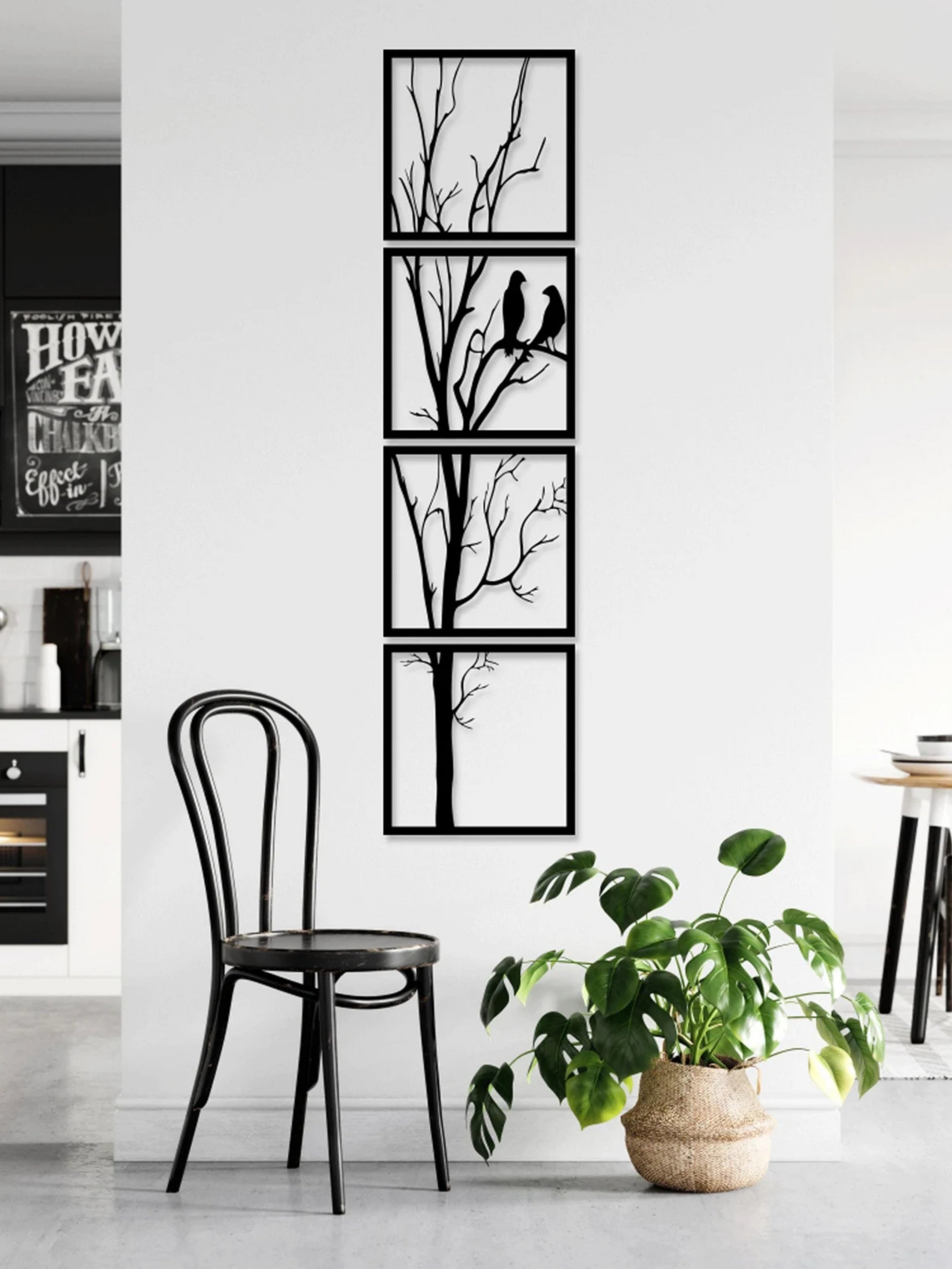 4'lü Kuşlu Ağaç Silüeti Dikey Metal Tablo Seti