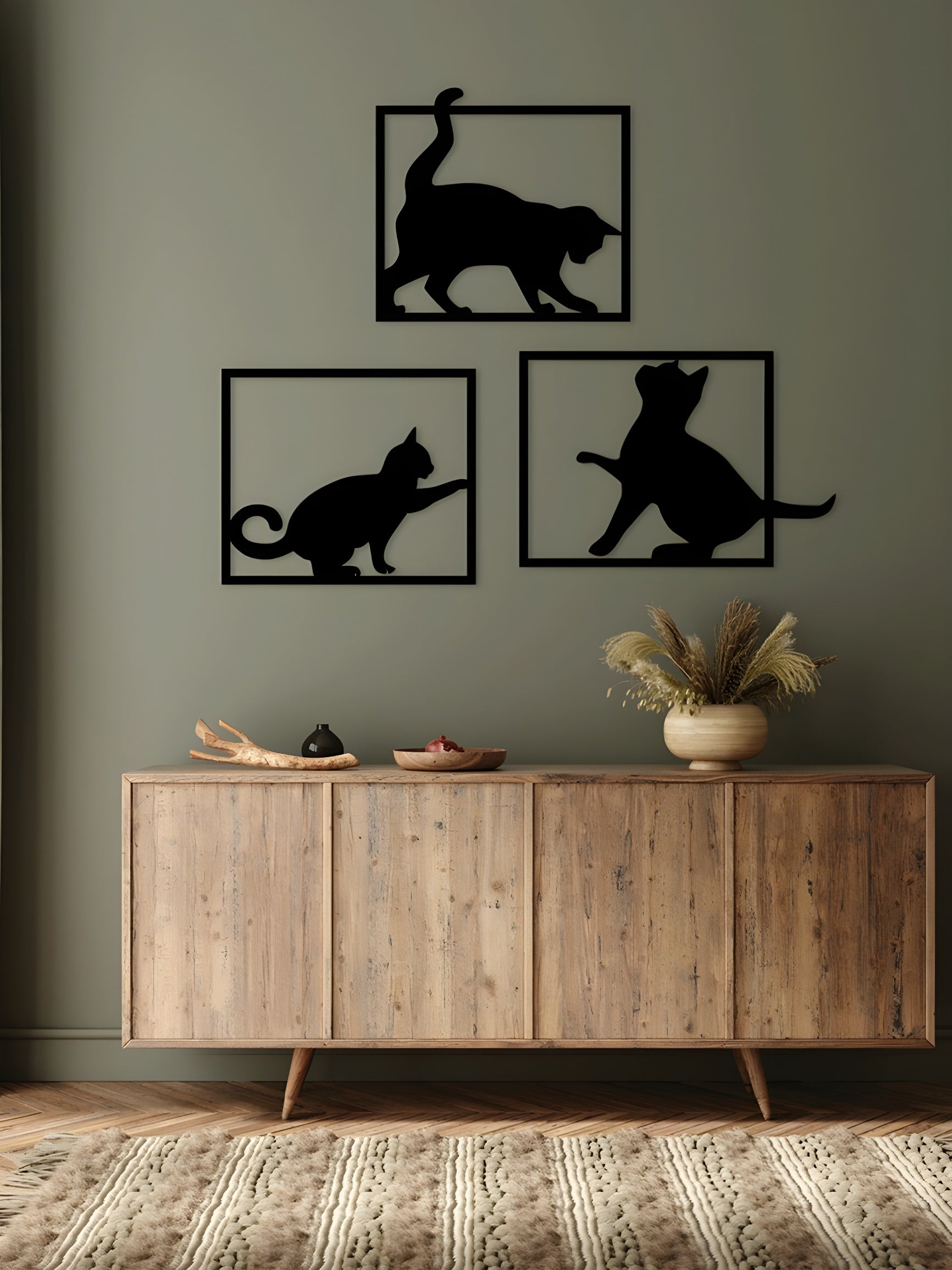 Kedi Siluetleri 3'lü Metal Tablo Set